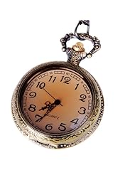 Pocket Watch Open Face Quartz Movement Bronze Tone Case Arabic Numerals with Chain Half Hunter Antique Design PW-29