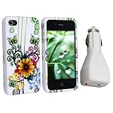 Rubberized White Flower Butterfly Snap on Design Case Hard Case Skin Cover Faceplate + rapid Car Charger adapter white compatible with Apple® iPhone® 4