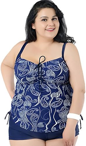 Women's Plus Size Leopard Printed 2 Pieces Tankini Top & Boyshorts Swimsuits Dark Blue 4XL