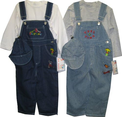 Boys Sizes 2T Indigo Denim / Stripe Denim Embrodiery Overall 2-PC Set. ** 2 PACKS **
