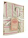 French vintage style boxed gift set with Apron and oven mitt, cream, beige and red with floral