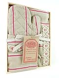 French vintage style boxed gift set with Apron and oven mitt, cream, beige and red with floral