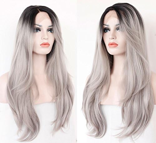 Anogol® 22" Ombre Grey Wavy Synthetic Lace Front Wig Heat Resistant Hair Wigs DM-432