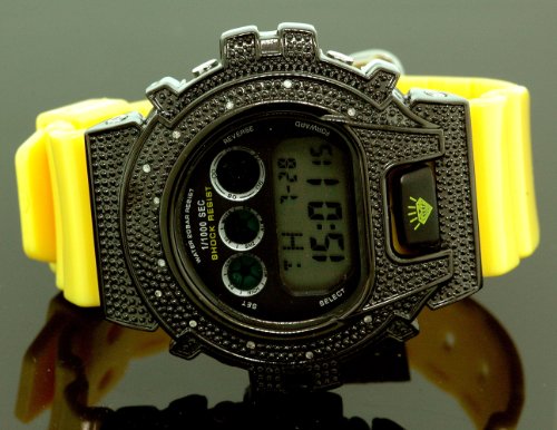  Ice Plus Mens Diamond Shock Style Watch Black Case Yellow Band