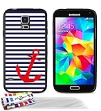 Originale Schutzschale von MUZZANO : Schwarz, ultradünn und flexibel, mit Blau Seemann und Anker-Muster für SAMSUNG GALAXY S5 + 3 Displayschutzfolien UltraClear