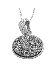 Rhodium Plated Sterling Silver Oval Platinum Color Drusy Pendant with Chain (18 inch)
