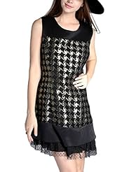 Plus Size A-line Houndstooth Print Round Neck Jacquard Lace Sleeveless  Dress