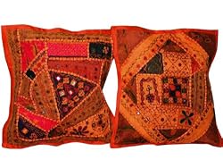 2 Vintage Sari Banjara Cushion Covers Flame Orange Mirror Embroidery