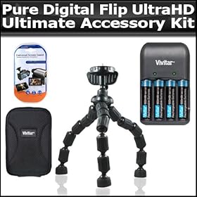 Ultimate Accessory Kit For The Pure Digital Flip UltraHD Camcorder 3rd Generation FVU32120B, U32120W NEWEST MODEL Includes Slim Protective hard Case + 7 Gripster Flexible Tripod + 4 AAA Batteries And Charger + More