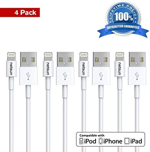 iPhone cable,NetSun(TM) 4 Pack 3Ft/1m Lightning to USB Sync and Charging Cable for Apple iPhone 6s / 6s Plus / 6 / 6 Plus / 5s / 5c / 5, iPod 7, iPad Mini / Mini 2/ Mini 3, iPad 4 / iPad Air / Air 2