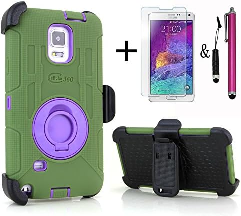 Cellular360 Ultra Shock&Drop-Proof Dust Proof Protective Case and Face-in and Out Holster for Samsung Galaxy Note 4 ( Released in 2014) - Extremely Protective Dual layer Case with 360 Degrees Swivel Ring Kickstand and Rugged Holster 1 Headphone Jack Mini Stylus , 1 Regular Sized Stylus and 1 Anti-Glare Fingerprints Free Screen Protector (Khaki Green and Purple)