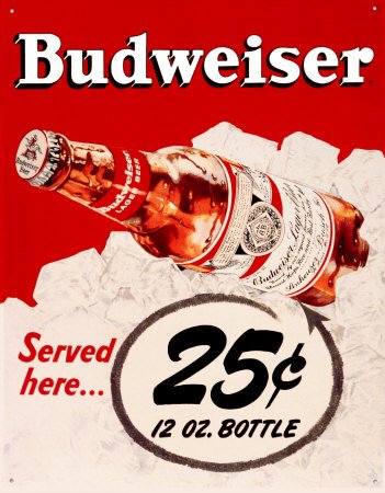 Budweiser 25 Cents Tin Sign 13 x 16in