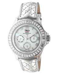 TKO ORLOGI Womens TK518 CS Capri Swarovski Crystal Accented Metallic Plastic Case Quilted Silver Genuine Leather Strap Watch