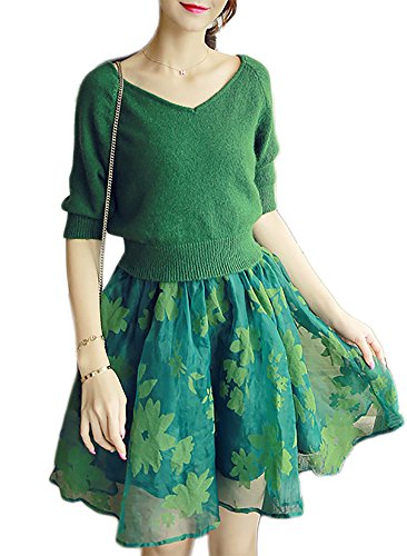Notting hill 春秋 大人 レディース ドレス アンサンブル ツーピース セーター スカート 五分袖 花柄 Vネック カジュアル シンプル エレガント きれいめ スタイル ストレート グリーン グレー サイズ S〜L SSK-0100
