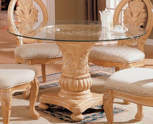Pedestal Dining Table with Glass Top Antique White Finish