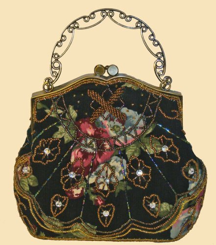 Beautiful Beaded Evening Handbag/purse,with Shoulder Chain, Black Cloth Base --#1