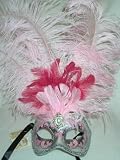 Venetain Colombina Feather Carnival Mask/Pink Feathers with Silver Accent
