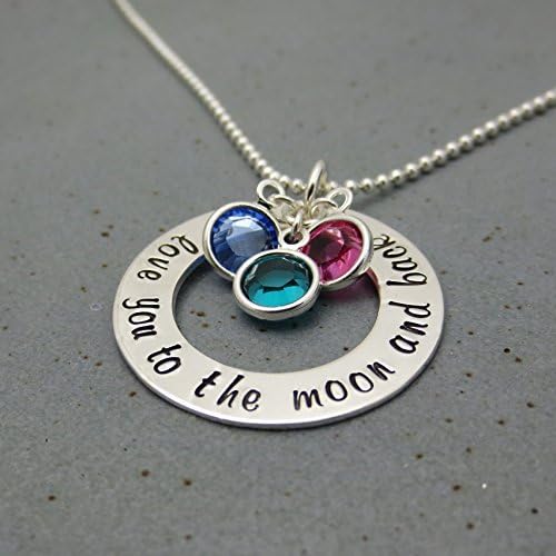 I Love You To The Moon and Back Necklace, Mother's Personalized Birthstone Necklace, Sterling Silver Washer, Hand Stamped Jewelry