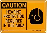 Brady 46748 14 Width x 10 Height B-555 Aluminum, Black on Yellow Alert Sign, Header Caution, Legend Hearing Protection Required In This Area (with Picto)