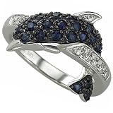 14K White Gold Blue Sapphire Diamond Dolphin Ring