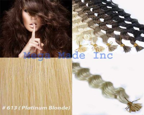 New 25 Strands Deep Wave Curly Micro Ring Links Needle Stick Head I Tip Human Hair Extensions Color #613 Platinum Blonde
