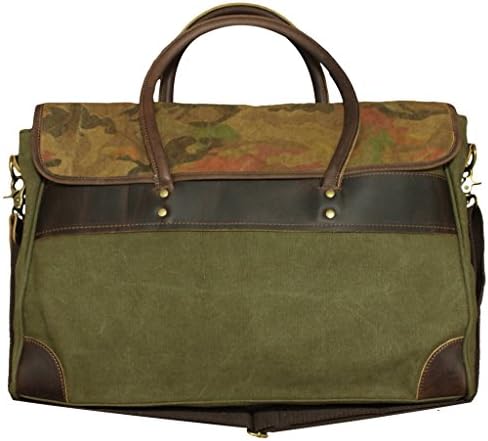 Rustic City Leather and Canvas Dark Green Briefcase Messenger Bag w/ Camouflage