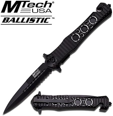 MT-A837BK MTECH BALLISTIC 7Gj7DoE TACTICAL SPRING ASSISTED FOLDER 2lHn3 HOLES HANDLE 5" ajuiioptr 4567fffg 567ybghjk Mtech USA BallisticSPRING ASSISTED KNIFE5" XBOhh1M CLOSED LENGTH4" HALF SERRATED STAINLESS STEEL BLADE2.8MM THICK SPEAR POINT BLADE5" BLACK ALUMINUM HANDLE WITH BELT CUTTER13.5MM THICK HANDLE WITH 87MnoS GLASS BREAKERINCLUDES POCKET CLIP