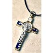 Saint Benedict Gold with Blue Inlay Crucifix Necklace - Adjustable Cord - Made in Italy