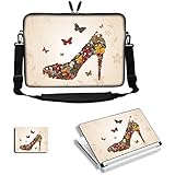 Meffort Inc 17 17.3 inch Neoprene Laptop Sleeve Bag Carrying Case with Adjustable Shoulder Strap & Matching Skin Sticker, Mouse Pad Combo - Butterfly High Heel