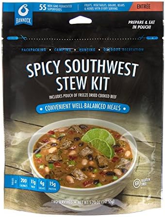 Bannock Spicy Southwest Beef Stew Kit - 6 Pouches - 15 Servings - Gluten Free Freeze Dried Camping, Hiking &amp; Backpacking Meals - Cook in Pouch Camp Dinners