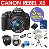 Canon EOS Rebel XS Black SLR 10.1 MP Digital Camera with EF-S 18-55mm IS Lens + High Capacity Li-Ion Battery + 4 GB Memory Card + 6 Piece Accessory Kit + Camera Holster Case + Multi-Coated Glass UV Filter + Multi-Coated Glass Polarizer Filter + 3 Year Warranty Repair Contract