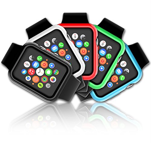 Apple Watch Case, Apple Watch Case Bundle Includes 5 Interchangeable Green/Blue/Black/White/Red Colors Silicon Gel Cases For Apple Watch 38 mm By SGM (TM) + SGM (TM) Microfiber Cleaning Cloth (For 38 MM Apple Watch Only)