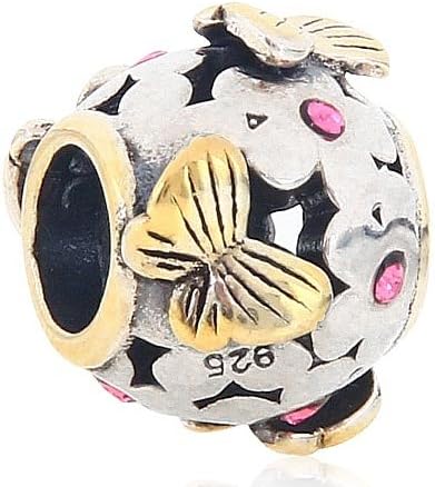 Hoobeads Crystal Flower Butterfly Charm Bead Fits Pandora Charms Bracelet (Rose Pink)