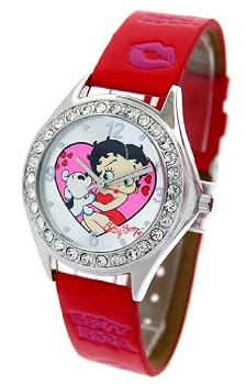 Betty Boop Women's Red Leather Band Watch with Baguette Stones Bezel Model #BB-W537B