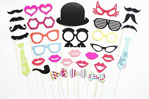 ETSYG 31pcs DIY Photo Props on a Stick Cardboard Hat Handlebar Mustache Lip Colorful Long Tie Bownot Tie Cigarette Holder Heart Style Glasses Family Party