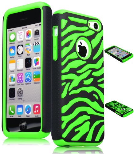 Bastex Heavy Duty Hybrid Case for iPhone 5c - Green Silicone / Black Zebra Print Stripes Hard Shell