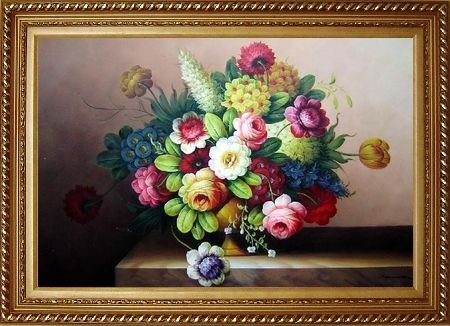 Coloful Flowers on Table Oil Painting, with Exquisite Dark Gold Wood Frame 30.5 x 42.5 inches