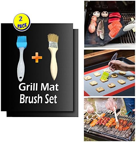 iCatsup BBQ kits with 2 pcs of BBQ grill mat,1 pcs BBQ silicon brush, 1 pcs BBQ roast brush, 13'' x 15.75'' x 0.2'' size of BBQ pad, Non Stick,black.