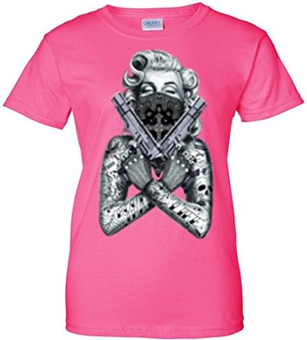 Marilyn Monroe Gangster Glocks Ladies T-Shirt - Safety Pink X-Large