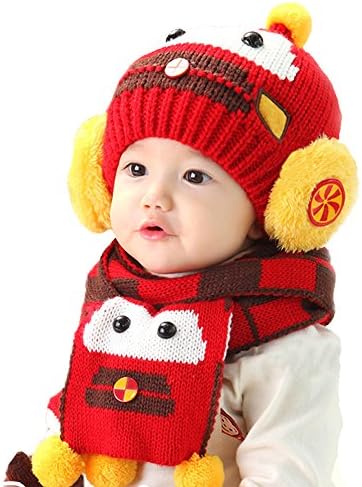 Microcosm Winter Wool Knitted Crochet Cap Scarf Set [Best Christmas Gift] for Infant/Baby/Boys/Girls (Red)