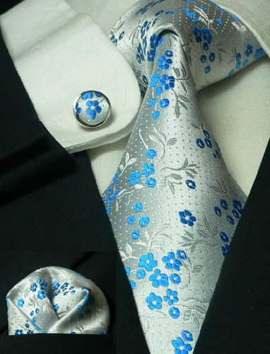 Landisun 24E Blue White Floral Pattern Mens Silk Tie Set: Tie+Hanky+Cufflinks