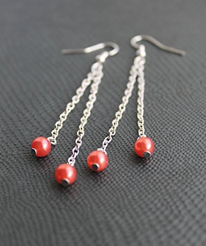 Peach/ Salmon dangle earrings on silver plated chain and hooks