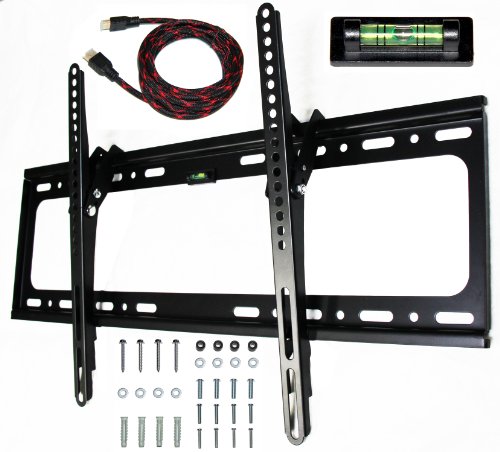 E-OnSale Universal Mounts Flush Tilt Dual Hook (1.3" from wall) Flat Screen TV Wall Mount Bracket for 32-65 inch Plasma, LED, and LCD TVs Up To VESA 700x400 and 165lbs, Including 10' Braided High Speed HDMI Cable and Magnetic Bubble Level TV Mount T65