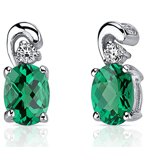 Simulated Emerald Earrings Sterling Silver CZ Accent Oval Shape
