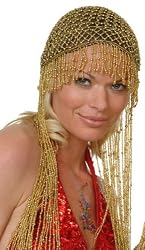 Gold Beaded Headpiece Cap with Long, Long Strands of Beads