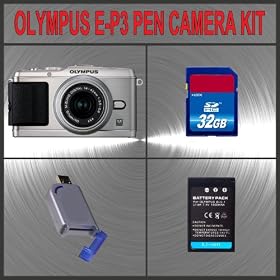 Olympus E-P3 PEN Digital Camera with 14-42mm Lens (Silver) + Huge Accessories Package Including 32GB SDHC Memory Card + High Capacity PS-BLS1 Replacement Lithium-Ion Battery + Hi-Speed SD Card Reader + Kit
