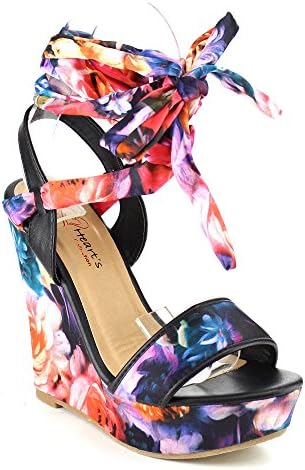 I HEART COLLECTION ALESSA-05 Women's Platform Lace Wedge Sandal One Size Smaller, Color:BLACK, Size:8.5