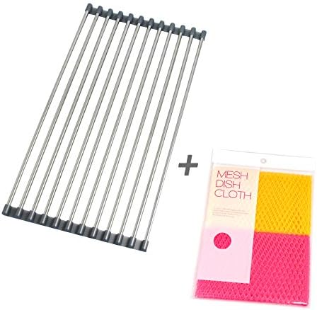 Dish Drying Rack Stainless Steel for kitchen Sinks Kitchenaid Small Size + Dish Cleaning Cloth 2 Pack Set - for Drying Dish Plate Bottle - Sanitary Stainless Steel BPA-free - Best Lifetime Guarantee