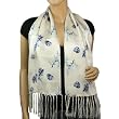 100% Silk Satin Charmeuse Double Layer Bamboo and Plum Blossom Branches Tassels Ends Long Scarf - White