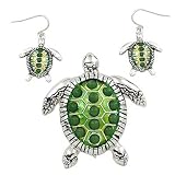 Silvertone Green 2" Turtle Pendant and Earrings Set Fashion Jewelry
